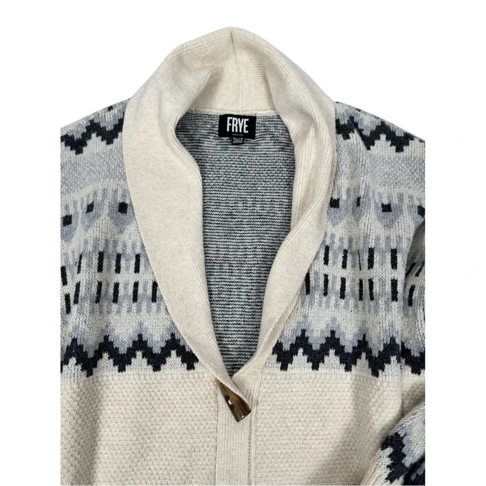 FRYE Cream Shawl Collar Cardigan with Black & Gray Fair Isle Inspired - Picture 3 of 9